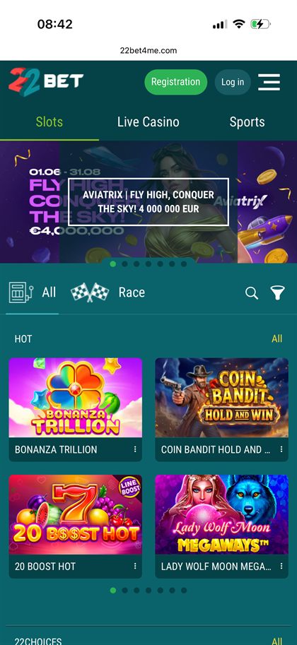 22BET mobile homepage showing the promotions carousel on the Irish-facing site