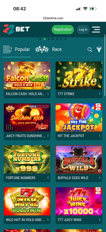 22BET popular slots list on mobile