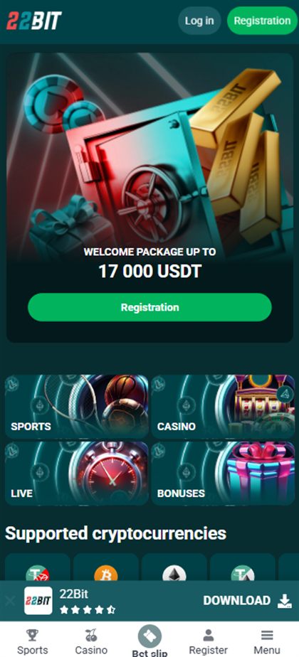 22bit crypto casino mobile lobby on the Irish-facing site