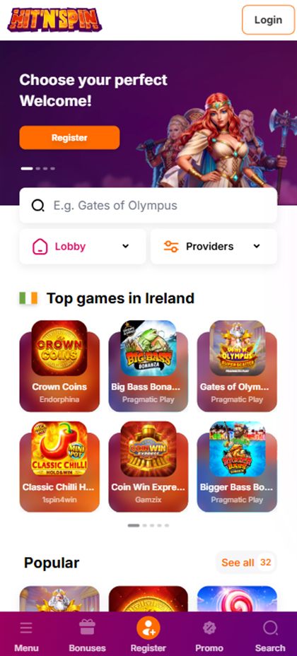 HitnSpin mobile casino lobby on the Irish-facing site