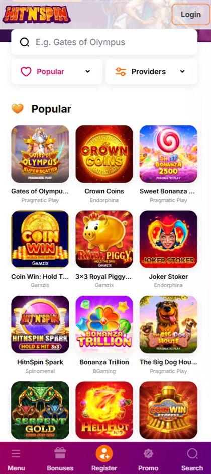 HitnSpin top games in Ireland list on mobile