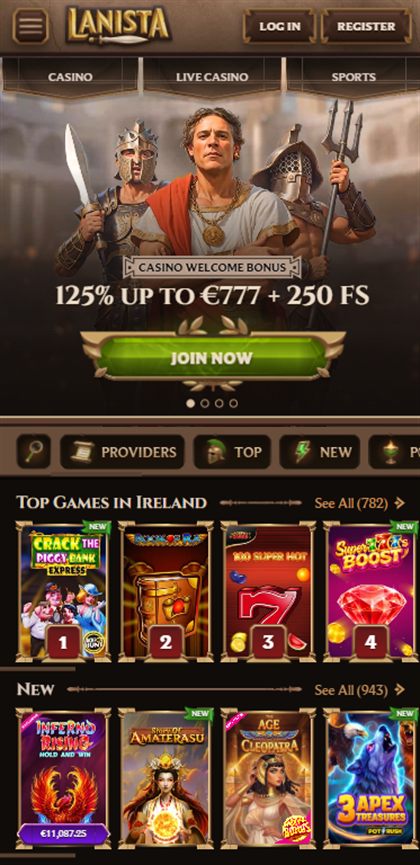 Lanista mobile casino lobby on the Irish-facing site