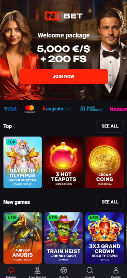 N1 Bet mobile casino lobby on the Irish-facing site