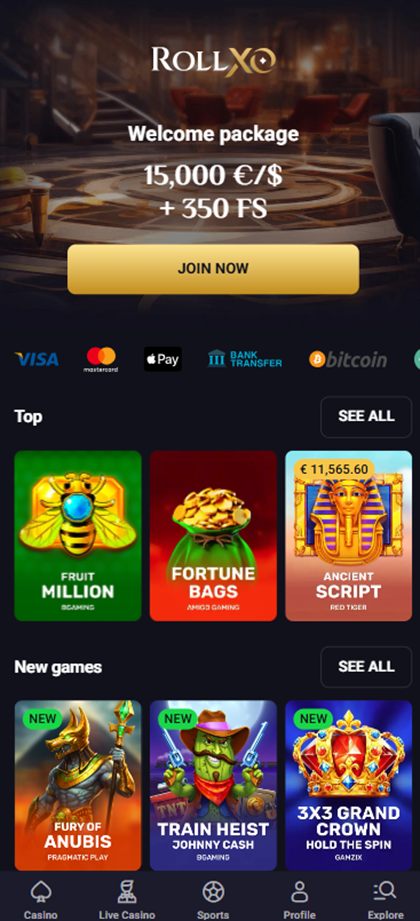 RollXO mobile casino lobby on the Irish-facing site
